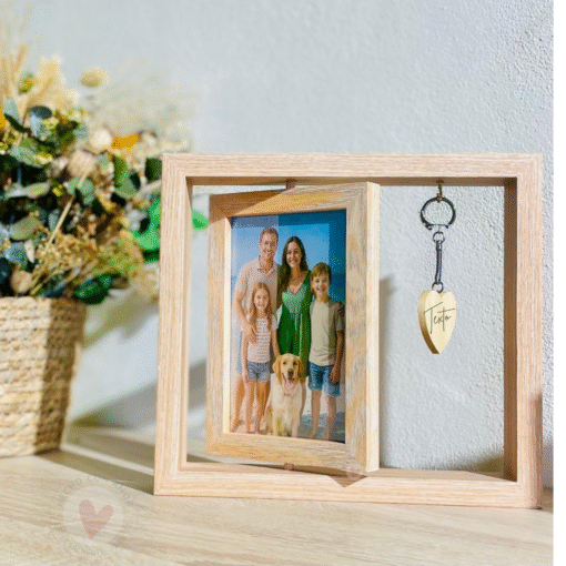 Marco de Fotos Personalizado Giratorio de Madera – con Foto personalizada sublimada (No papel) + Llavero Madera Personalizado